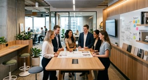 Firefly_Gemini Flash_Create an office interior fitout where people are standing together in a collaborativ 877116