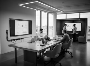 Firefly_Gemini Flash_create a workplace technology black and white image in a commercial office fitout set 851723